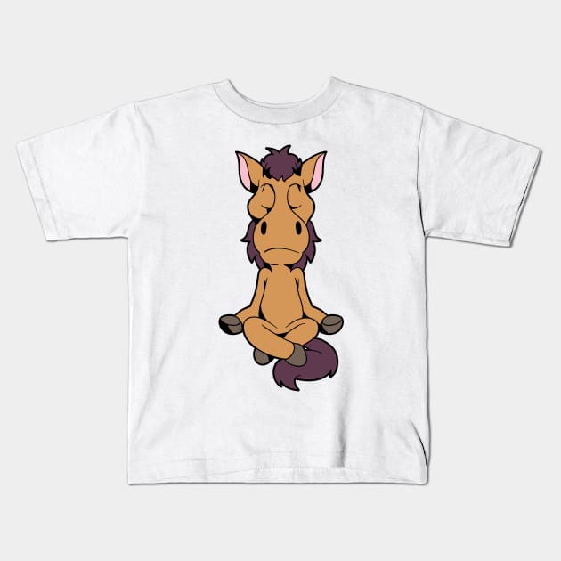 Cartoon horse meditating with yoga Kids T-Shirt by Modern Medieval Design